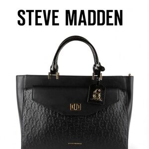 Steve Madden Black Embossed Tote with Patent Accents NWT